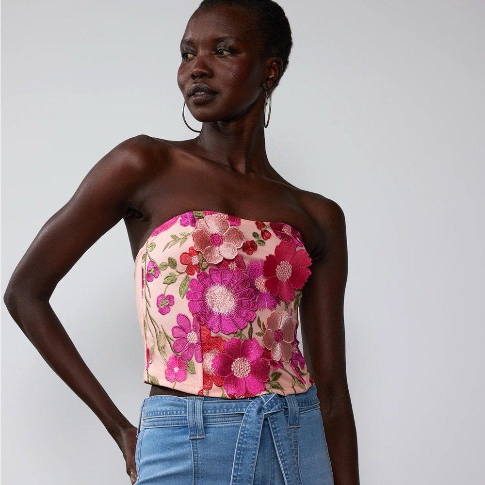 New York & Company Pink Floral Strapless Crop Top
